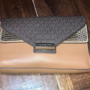 Michael Kors Brown, Tan and Gold Envelope Wristlet Clutch